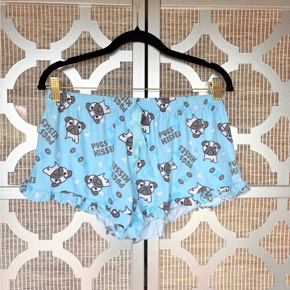 Source Unknown Light Blue Pug Print Pajama Shorts With little Stain In back - Picture 1 of 7